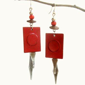 Vintage Artsy Geometric Red Metal Dangle Earrings 80s/90s